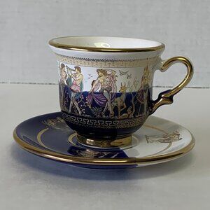 Dagounis Cup with Saucer 2 pc Set 24 Kt Gold Accents Nymph Antelope Hand Painted